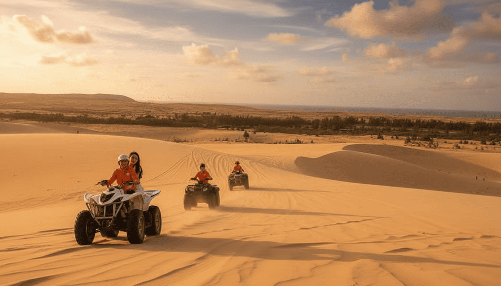 Du khách trải nghiệm cảm giác mạnh qua trò chơi đua xe địa hình trên cát